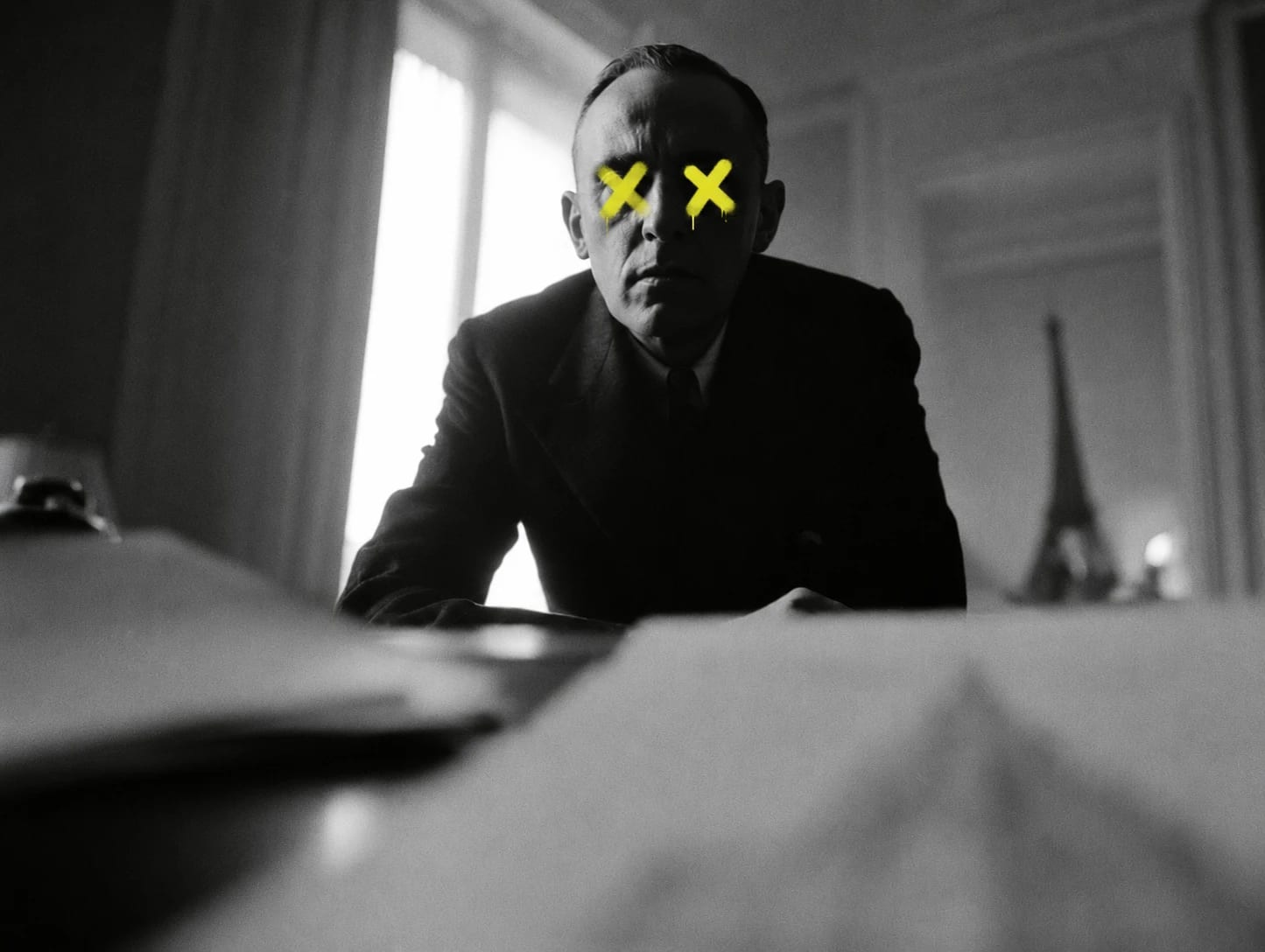 Victor Lustig seated at a desk, with yellow crosses over his eyes and the Eiffel Tower in the background