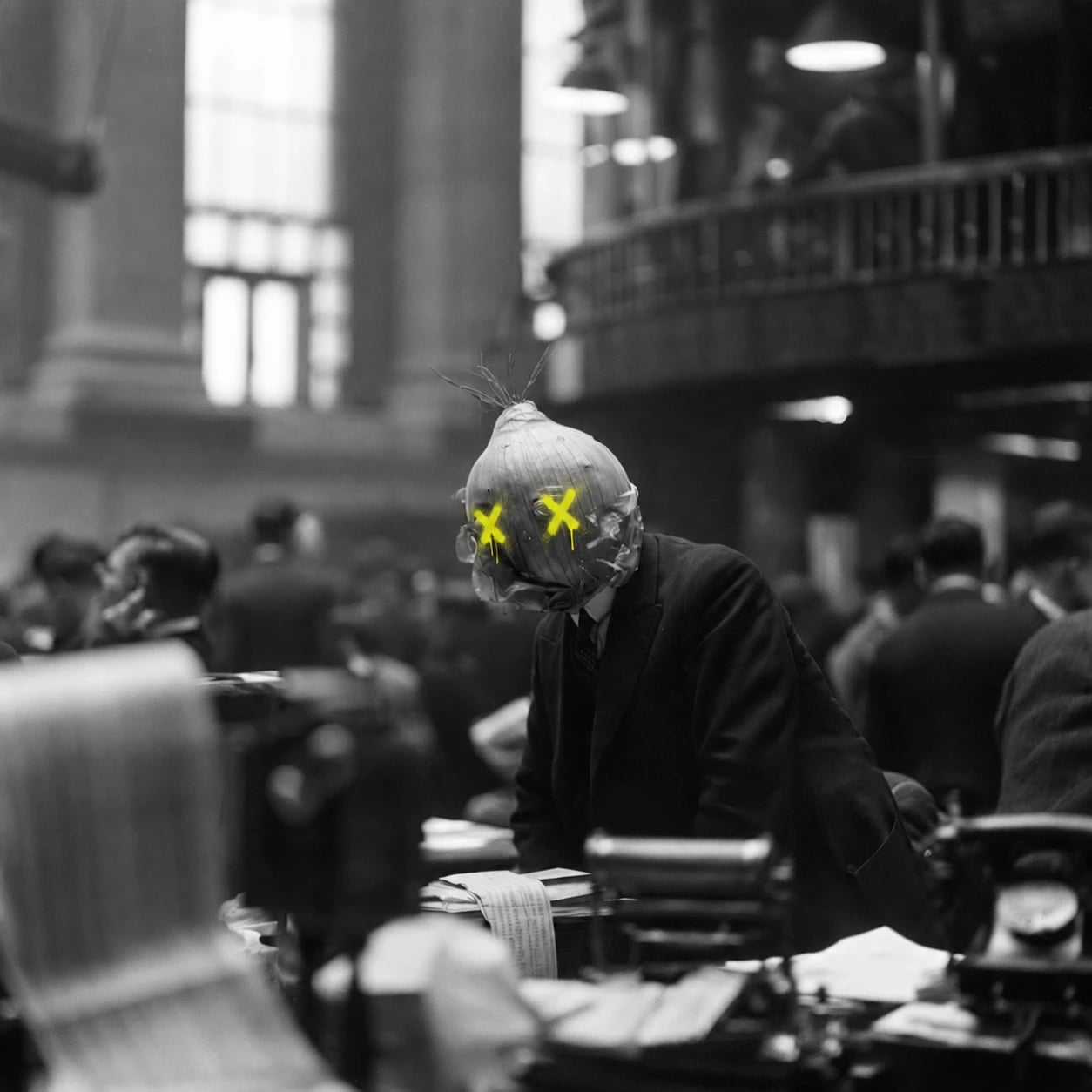 An onion-headed trader with yellow crosses over his eyes on a crowded archival trading floor