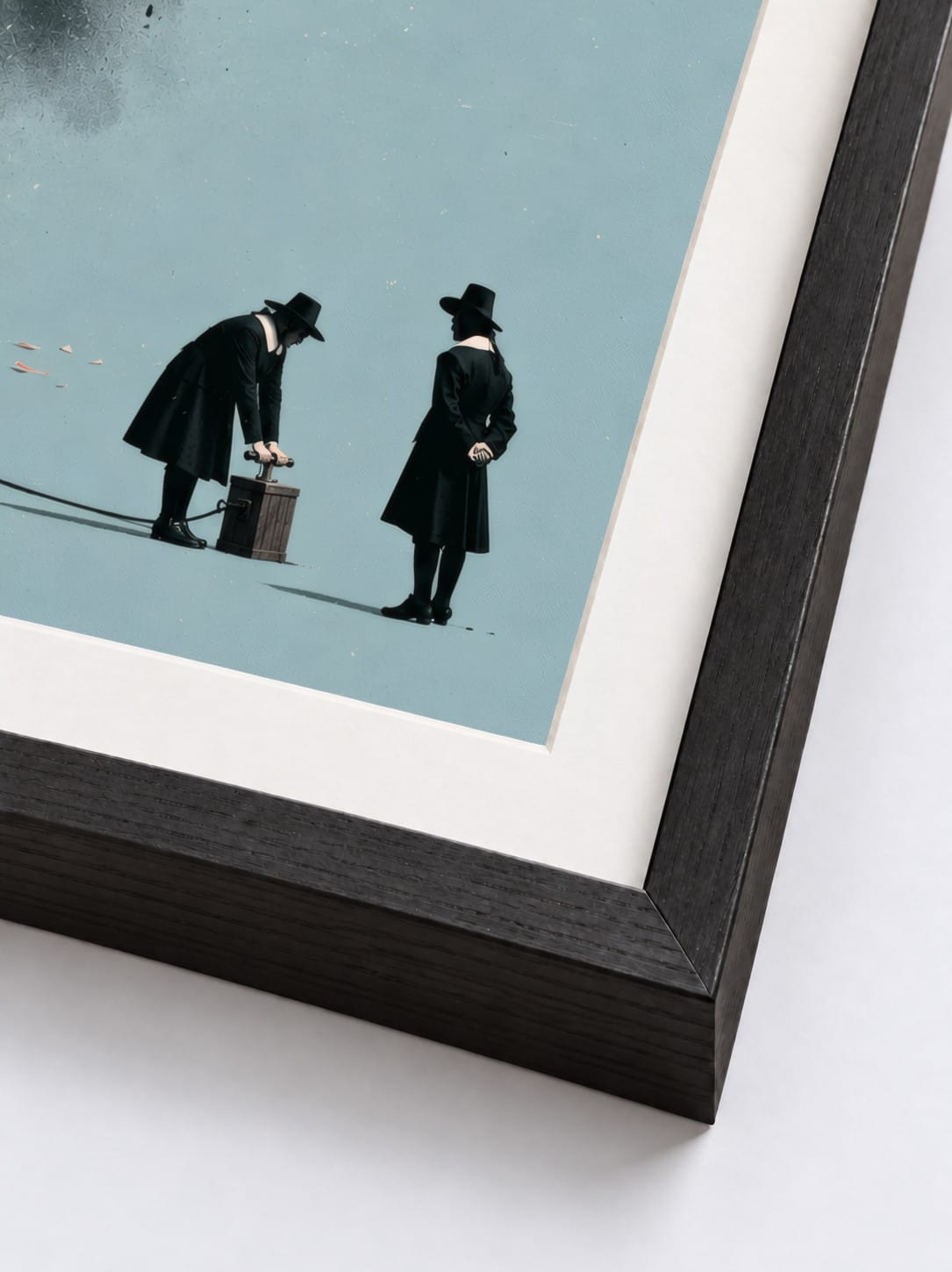 Close detail of the black wood frame, mount and Pilgrim artwork