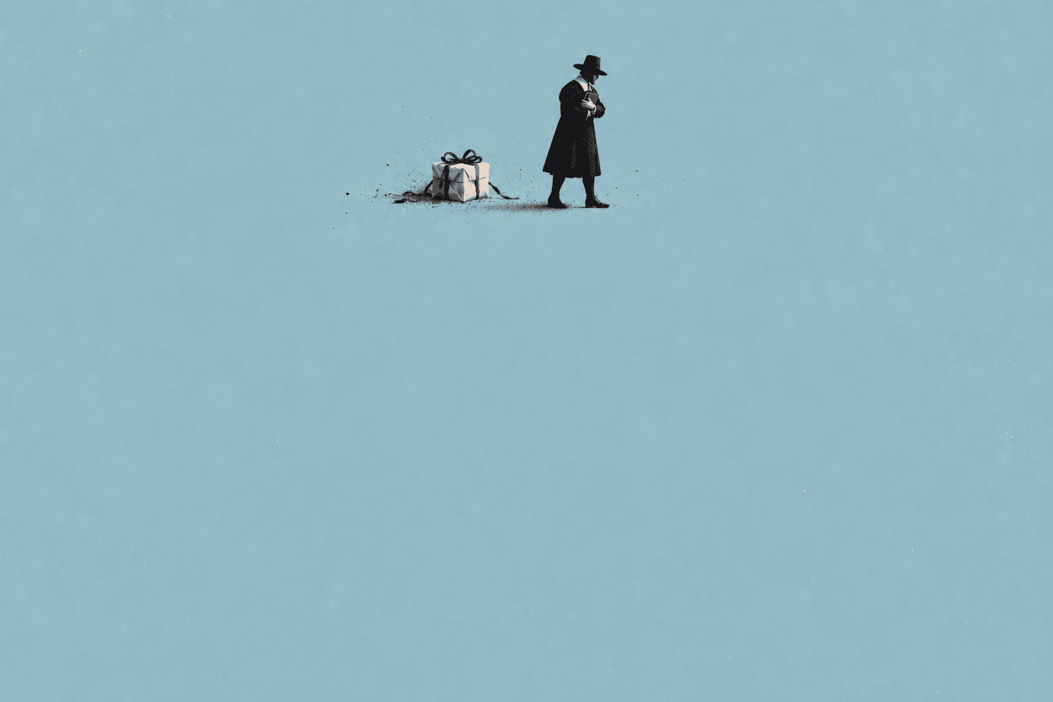 A Puritan holding a Bible turns away from a wrapped Christmas gift